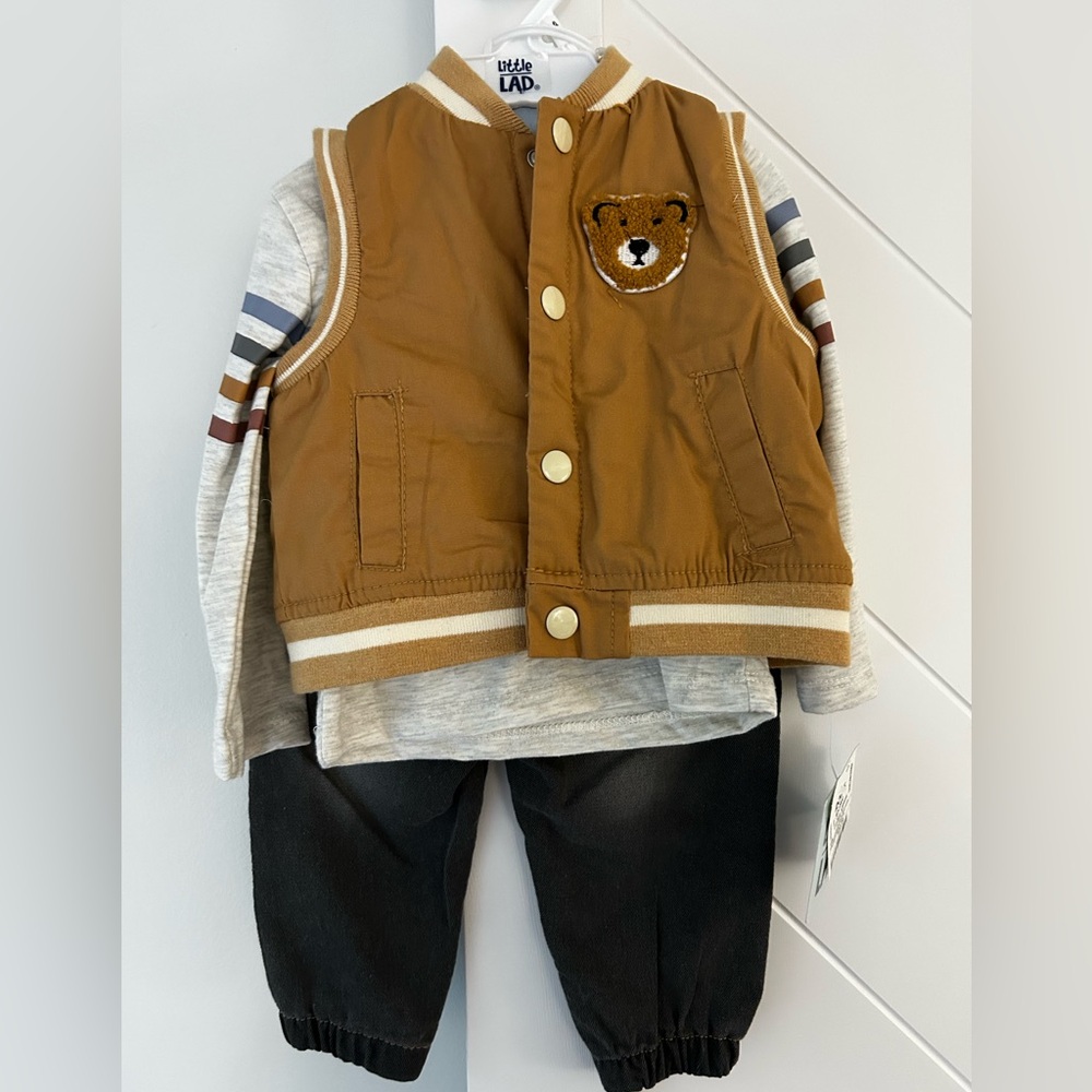 NWT Little Lad Brown Bear Patch Baby Boy Fall Long Sleeve Shirt Pant Vest Set
